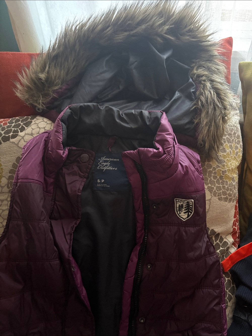 American Eagle Outfitters Women’s Plum Quilted Puffer Jacket with Faux Fur Hood